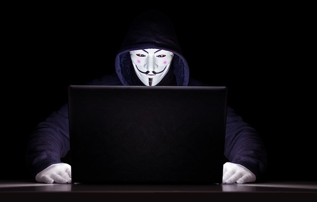 Man behind computer wearing anonymous mask.